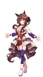 Rule 34 | 1girl, alternate costume, animal ears, arms at sides, breasts, closed mouth, collarbone, gentildonna (umamusume), hair between eyes, hair ornament, hair rings, highres, horse ears, horse girl, horse tail, large breasts, looking at viewer, medium hair, midriff, navel, official art, smile, solo, standing, starting future (umamusume), tail, thighhighs, transparent background, umamusume