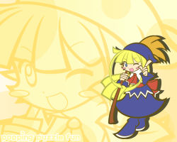 Rule 34 | 1girl, ;d, blonde hair, blue dress, blue eyes, blue footwear, blush stickers, boots, bow, broom, dress, hat, long hair, madou monogatari, official style, one eye closed, open mouth, puyopuyo, smile, solo, wink, witch (puyopuyo), y&amp;k, yellow background, zoom layer