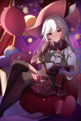 Rule 34 | 1girl, absurdres, belt, black gloves, black thighhighs, blurry, blurry background, blush, book, capelet, closed mouth, depth of field, gloves, hat, heart, heart hands, highres, long hair, looking at viewer, pieberry (witch springs), red eyes, shirt, sitting, skirt, smile, solo, thighhighs, wan3051, white hair, witch hat, witch springs