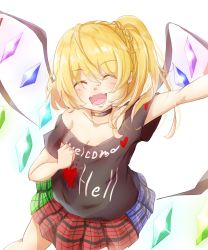 Rule 34 | 1girl, :d, ^ ^, absurdres, arm up, bare shoulders, black choker, black shirt, blonde hair, blue skirt, blush, breasts, choker, cleavage, clenched hand, closed eyes, clothes writing, commentary request, cosplay, cowboy shot, crystal, ear piercing, facing viewer, fangs, flandre scarlet, green skirt, gumi (fwjn7284), hair between eyes, hand on own chest, heart, hecatia lapislazuli, hecatia lapislazuli (cosplay), highres, long hair, medium breasts, miniskirt, multicolored clothes, multicolored skirt, no headwear, off-shoulder shirt, off shoulder, one side up, open mouth, piercing, plaid, plaid skirt, pleated skirt, red skirt, shirt, short sleeves, simple background, skin fangs, skirt, smile, solo, t-shirt, touhou, white background, wings