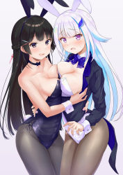 Rule 34 | 2girls, absurdres, animal ears, asymmetrical docking, black choker, black coat, black eyes, black hair, black legwear, black leotard, blue hair, blue neckwear, blunt bangs, bow, bowtie, braid, breast press, breasts, brown legwear, choker, cleavage, coat, commentary request, crown braid, detached collar, fake animal ears, hair ornament, hairclip, half updo, highres, leotard, lize helesta, long hair, looking at viewer, medium breasts, multicolored hair, multiple girls, nijisanji, pantyhose, playboy bunny, purple eyes, rabbit ears, rabbit tail, rgrey00, sailor collar, simple background, strapless, strapless leotard, tail, tailcoat, tsukino mito, two-tone hair, virtual youtuber, white background, white hair, white leotard, white sailor collar, wrist cuffs