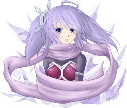 Rule 34 | 1girl, blue eyes, blue hair, blush, breasts, corset, dance princess of the ice barrier, duel monster, hair ornament, looking at viewer, matching hair/eyes, medium breasts, purple eyes, purple hair, purple scarf, scarf, shintani tsushiya, short twintails, simple background, solo, twintails, white background, yu-gi-oh!