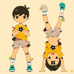 Rule 34 | 1boy, bandaid, bandaid on face, bandaid on leg, black eyes, black hair, blue footwear, closed mouth, clover, commentary request, english text, four-leaf clover, full body, grey shorts, half-closed eyes, holding, male focus, midriff, navel, noeyebrow (mauve), open mouth, original, shirt, shorts, sign, simple background, socks, solo, standing, upside-down, yellow background, yellow shirt