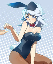 Rule 34 | 00s, 1girl, alternate costume, animal ears, bad id, bad pixiv id, bare shoulders, blue eyes, blush, bow, bowtie, breasts, brown pantyhose, cleavage, eyebrows, fake animal ears, large breasts, leotard, lliillii, pantyhose, playboy bunny, rabbit ears, rabbit tail, raine sage, ribbon, short hair, sidelocks, sitting, solo, tail, tales of (series), tales of symphonia, white hair