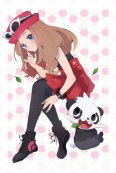 Rule 34 | 1girl, black footwear, black shirt, black thighhighs, blue eyes, blush, brown hair, closed mouth, commentary request, creatures (company), eyelashes, eyewear on headwear, from side, game freak, gen 6 pokemon, hat, highres, leaf, long hair, misha (ohds101), nintendo, pancham, pokemon, pokemon (creature), pokemon xy, red skirt, serena (pokemon), shirt, shoes, skirt, smile, sunglasses, thighhighs