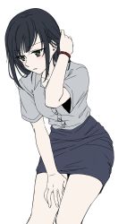 Rule 34 | 1girl, adjusting hair, black hair, blush, green eyes, greyscale, hand on own thigh, hand on thigh, highres, leaning forward, monochrome, pencil skirt, simple background, skirt, solo, takeuchi aya, white background
