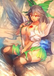 Rule 34 | 1girl, bare shoulders, bird wings, black hair, black pantyhose, bow, breasts, cape, cleavage, curvy, feathered wings, female focus, hair bow, hair ornament, highres, jpeg artifacts, large breasts, long hair, melon22, midriff, off shoulder, open clothes, open mouth, open shirt, pantyhose, partially submerged, puffy sleeves, red eyes, reiuji utsuho, shirt, short sleeves, sitting, skirt, solo, sweatdrop, thighhighs, third eye, torn clothes, torn legwear, torn skirt, touhou, water, wide hips, wings