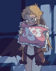 Rule 34 | 1girl, bed, bedroom, black panties, blonde hair, blush, commentary, cowboy shot, english commentary, farfinfarfin, frilled pillow, frills, hands up, holding, holding pillow, indoors, lingerie, logo, looking at viewer, messy hair, navel, negligee, original, panties, pillow, see-through, short hair with long locks, sidelighting, solo, underwear, wavy mouth, yellow eyes, yes, yes-no pillow, yes (band)
