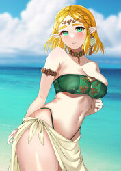 Rule 34 | 1girl, absurdres, bandeau, bare shoulders, bikini, blonde hair, blue sky, braid, cloud, commentary request, cowboy shot, crown braid, day, green bikini, green eyes, highres, looking at viewer, navel, nintendo, ocean, pointy ears, princess zelda, sarong, short hair, sky, solo, standing, stomach, strapless, swimsuit, tara (szzj7733), the legend of zelda, the legend of zelda: tears of the kingdom, thick eyebrows, thighs, tube top, water