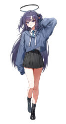 Rule 34 | 1girl, absurdres, alternate costume, arm behind head, arm up, black footwear, black halo, black skirt, blue archive, blue eyes, blue hair, blue hoodie, blue necktie, closed mouth, collared shirt, cropped hoodie, full body, hair ornament, halo, highres, hood, hoodie, huhi (huhi 1211), long hair, long sleeves, looking at viewer, mechanical halo, miniskirt, necktie, parted bangs, pleated skirt, puffy long sleeves, puffy sleeves, shirt, simple background, skirt, sleeves past fingers, sleeves past wrists, smile, solo, standing, standing on one leg, thighs, two side up, walking, white background, white shirt, yuuka (blue archive)