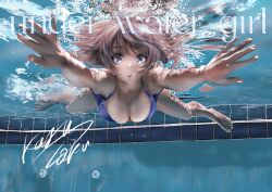 1girl air_bubble bare_shoulders barefoot bikini blue_eyes breasts brown_hair bubble cleavage kazuki_(aquariumseen) large_breasts pool poolside short_hair submerged swimming swimsuit underwater