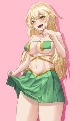 Rule 34 | 1girl, absurdres, bare arms, bare shoulders, bikini, bikini top only, blonde hair, breasts, cleavage, clothes lift, commission, cowboy shot, fakey, finger to mouth, gold trim, green bikini, green skirt, hand up, highres, large breasts, long hair, looking at viewer, miniskirt, navel, open mouth, original, pink background, pleated skirt, second-party source, simple background, skirt, skirt lift, smile, solo, standing, stomach, string bikini, sweatdrop, swimsuit, thighs, yellow eyes