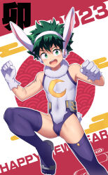 Rule 34 | 1boy, 2023, absurdres, animal ears, bare shoulders, bishounen, bodysuit, boku no hero academia, bulge, chinese zodiac, commentary, commentary request, cosplay, covered navel, crescent moon, crossdressing, fake animal ears, freckles, gloves, green eyes, green hair, happy new year, highres, liu xi ruki, looking at viewer, male focus, midoriya izuku, mirko (cosplay), moon, new year, open mouth, rabbit ears, rabbit tail, short hair, smile, solo, spiked hair, tail, testicle peek, thighhighs, trap, white gloves, year of the rabbit