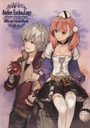 Rule 34 | 10s, 1boy, 1girl, absurdres, apple, atelier (series), atelier escha &amp; logy, braid, collarbone, copyright name, english text, escha malier, fingerless gloves, food, fruit, gloves, green eyes, hat, hidari (left side), highres, holding, jacket, logix ficsario, parted lips, pink hair, short hair, sitting, skirt, standing, thighhighs, twintails, white hair, white thighhighs