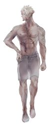 Rule 34 | 1boy, 6 (brm6), abs, absurdres, beowulf (fate), blonde hair, brown shorts, facial hair, fate/grand order, fate (series), full body, goatee, hand on own hip, highres, looking to the side, male focus, mature male, muscular, muscular male, navel, nipples, pectorals, red eyes, scar, scar across eye, scar on stomach, short hair, shorts, sideburns, solo, stomach, topless male, walking