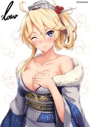 Rule 34 | 1girl, ahoge, alternate costume, alternate hairstyle, bird, blonde hair, blue eyes, blue kimono, blush, breasts, character name, cleavage, closed mouth, collarbone, covering breasts, covering privates, eagle, embarrassed, flower, fur trim, hair between eyes, hair flower, hair ornament, hand on breast, hexagon, iowa (kancolle), japanese clothes, kantai collection, kimono, kimono pull, lips, long hair, looking at viewer, medium breasts, obi, off shoulder, one eye closed, sakiyamama, sash, solo, star-shaped pupils, star (symbol), striped clothes, striped kimono, symbol-shaped pupils, twitter username, white background, wide sleeves