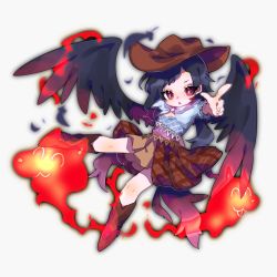 Rule 34 | 1girl, ayahi 4, bad id, bad twitter id, black hair, black wings, blue shirt, boots, brown footwear, brown skirt, cowboy hat, feathered wings, feathers, hat, highres, knee boots, kurokoma saki, looking at viewer, multicolored clothes, off-shoulder shirt, off shoulder, open mouth, parted bangs, pegasus wings, plaid, plaid skirt, ponytail, puffy short sleeves, puffy sleeves, red eyes, scarf, shirt, short sleeves, simple background, skirt, solo, touhou, white background, wings, wolf spirit (touhou)