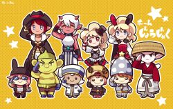 Rule 34 | 3boys, 6+girls, black cape, black coat, black hair, black headwear, black wristband, blonde hair, blue coat, blue eyes, blue gloves, blue headwear, breasts, brown eyes, cape, cleavage, coat, colored skin, cowboy hat, dragon quest, dragon quest x, dwarf (dq10), elf (dq10), gloves, hakama, hat, horns, japanese clothes, kotorai, long sleeves, medium breasts, mini hat, mini top hat, multiple boys, multiple girls, ogre (dq10), pink hair, pointy ears, polka dot, polka dot background, puklipo, red horns, red skin, salute, skirt, small breasts, smile, star (symbol), sunglasses, top hat, topless male, translation request, white coat, white hair, yellow background