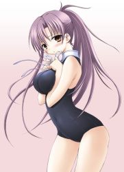 Rule 34 | 1girl, black one-piece swimsuit, breasts squeezed together, breasts, brown eyes, choker, huge breasts, impossible clothes, large breasts, long hair, navel, one-piece swimsuit, purple hair, school swimsuit, solo, swimsuit