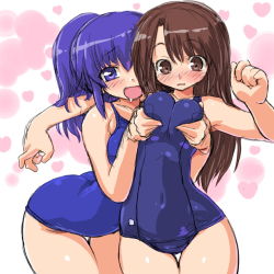 Rule 34 | 2girls, bad id, bad pixiv id, bare shoulders, blue hair, blush, grabbing another&#039;s breast, breasts, brown eyes, brown hair, dd (ijigendd), grabbing, hip focus, long hair, multiple girls, one-piece swimsuit, original, purple eyes, purple hair, saliva, school swimsuit, shiny clothes, sketch, swimsuit, thigh gap, thighs, wide hips, yuri