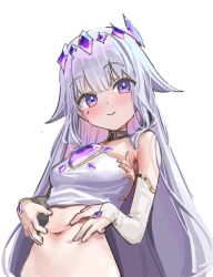 Rule 34 | 1girl, breasts, bridal gauntlets, chest jewel, colored inner hair, cropped shirt, grey hair, hair flaps, highres, hololive, hololive english, jewel under eye, kanzarin, koseki bijou, koseki bijou (1st costume), long hair, looking at viewer, multicolored hair, navel, pink hair, purple eyes, shirt, small breasts, smile, solo, virtual youtuber, white bridal gauntlets, white shirt