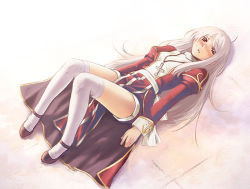 Rule 34 | 1girl, ahoge, cross, cross necklace, high heels, high priest (ragnarok online), jewelry, kneehighs, long hair, lying, mary janes, necklace, nyaou, on back, pelvic curtain, ragnarok online, shoes, socks, solo, thighhighs, white socks