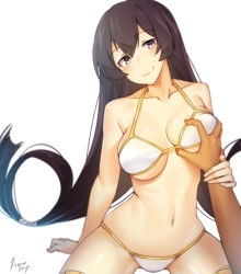 Rule 34 | 1girl, artist name, bikini, blurry, blush, grabbing another&#039;s breast, breasts, brown hair, cleavage, closed mouth, collarbone, depth of field, fate/grand order, fate (series), grabbing, guided breast grab, guiding hand, hair between eyes, hetero, long hair, looking at viewer, medium breasts, navel, no headwear, pink eyes, sidelocks, signature, simple background, sitting, smile, solo focus, spread legs, swimsuit, thighs, tilt-shift (azalanz), underboob, very long hair, white background, white bikini, xuangzang sanzang (fate)