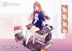 Rule 34 | 1girl, ahoge, alternate costume, azur lane, bag, bird, black footwear, blazer, blue jacket, blue skirt, book, brown hair, blowing bubbles, cellphone, chair, chewing gum, chick, closed eyes, columbia (after-school odette) (azur lane), columbia (azur lane), commentary request, desk, expressions, full body, gift, hao (patinnko), headphones, jacket, kneehighs, legs, long hair, manjuu (azur lane), official alternate costume, official art, on desk, one eye closed, open mouth, phone, pink eyes, school uniform, shirt, shoes, sitting, on desk, skirt, smile, socks, valentine, white shirt, white socks