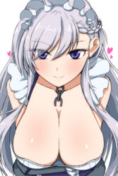 Rule 34 | 1girl, aged up, azur lane, bare shoulders, braid, breast hold, breasts, broken, broken chain, chain, cleavage, collarbone, eyelashes, eyes visible through hair, french braid, grey hair, hair between eyes, heart, koutarou (plusdrive), large breasts, little bel (azur lane), long hair, looking at viewer, maid, maid headdress, mature female, purple eyes, sagging breasts, shiny skin, simple background, solo, upper body, white background