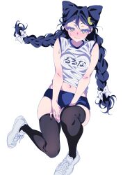 Rule 34 | 1girl, alternate costume, alternate hairstyle, archived source, bad id, bad twitter id, black thighhighs, blue buruma, blush, bow, braid, breasts, buruma, closed mouth, crescent, crescent hair ornament, embarrassed, full body, gym shirt, gym uniform, hair bow, hair ornament, highres, image sample, kiratto pri chan, long hair, looking at viewer, luluna (pri chan), medium breasts, midriff, name tag, nose blush, pretty series, shirt, shoes, simple background, sitting, sneakers, solo, sweatdrop, thighhighs, tight clothes, translation request, twin braids, twitter sample, white background, white bow, white shirt, yellow eyes, zashima