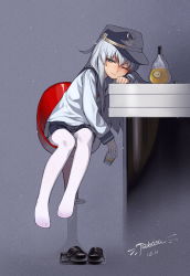 Rule 34 | 10s, 1girl, absurdres, alcohol, anchor symbol, artist name, black skirt, blouse, blush, bottle, counter, cup, dated, drinking glass, drunk, feet, flat cap, foot dangle, grey background, grey eyes, hat, head rest, hibiki (kancolle), highres, holding, holding cup, holding drinking glass, kantai collection, loafers, long hair, long sleeves, looking at viewer, miniskirt, neckerchief, one eye closed, pantyhose, pleated skirt, school uniform, serafuku, shirt, shoes, unworn shoes, silver hair, sitting, skirt, smile, solo, stool, table, tsubasa tsubasa, whiskey, white pantyhose, white shirt