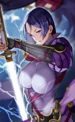 Rule 34 | 1girl, arm guards, black gloves, bodysuit, breasts, covered navel, electricity, fate/grand order, fate (series), fingerless gloves, gloves, glowing, glowing sword, glowing weapon, highres, large breasts, long hair, minamoto no raikou (fate), parted bangs, parted lips, purple bodysuit, purple eyes, purple hair, ribbed sleeves, rope, sheath, skin tight, sword, unsheathing, very long hair, weapon, yoshio (55level)