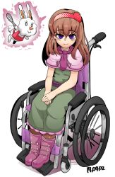 Rule 34 | 1girl, aura, blush, boots, brown hair, capelet, closed mouth, commentary request, cookie (touhou), dated, dress, fluffy fluffy rabbit-chan, food-themed hair ornament, full body, green dress, hair between eyes, hair ornament, hairband, highres, ichigo (cookie), long hair, looking at viewer, medium bangs, necktie, pink capelet, pink footwear, purple eyes, purple necktie, purple sash, red hairband, sash, simple background, sitting, smile, solo, strawberry hair ornament, stuffed animal, stuffed rabbit, stuffed toy, tetugakuzonbi, wheelchair, white background