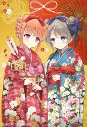 Rule 34 | 2girls, alternate hairstyle, arrow (projectile), artist name, bell, black bow, blue bow, blue eyes, blue kimono, blue ribbon, blush, bow, chinese zodiac, clenched hand, commentary request, double bun, ema, floral print, grey hair, hair bow, hair bun, hair ribbon, hamaya, holding, holding arrow, holding umbrella, japanese clothes, jingle bell, kimono, long sleeves, love live!, love live! school idol festival, love live! sunshine!!, multiple girls, nengajou, new year, obi, oil-paper umbrella, orange hair, pink bow, red eyes, red kimono, red ribbon, ribbon, sakurai makoto (custom size), sash, sidelocks, smile, takami chika, tassel, umbrella, watanabe you, wide sleeves, year of the rat, yellow background