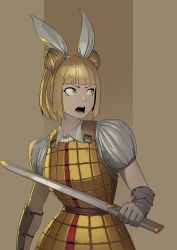 Rule 34 | 1girl, absurdres, armor, belt, blonde hair, bloomers, buttons, collared shirt, double bun, gradient background, hair bun, hair ribbon, highres, holding, holding sword, holding weapon, japanese armor, joutouguu mayumi, looking away, looking to the side, multicolored background, open mouth, puffy short sleeves, puffy sleeves, ribbon, shirt, short sleeves, solo, sweat, sword, the robot boy, touhou, undershirt, underwear, vambraces, weapon, white ribbon, yellow eyes