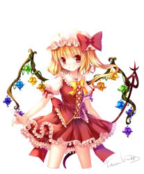 Rule 34 | 1girl, adapted costume, alternate wings, artist name, blonde hair, cowboy shot, cropped legs, dress, fang, female focus, flandre scarlet, grandia bing, hat, red eyes, side ponytail, smile, solo, touhou, white background, wings