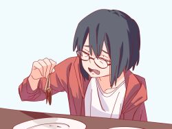 Rule 34 | 1girl, black hair, blue background, chopsticks, closed eyes, commentary, commentary request, egakuning, english commentary, fang, food, glasses, highres, holding, holding chopsticks, hood, hoodie, kamikoshi sorawo, long sleeves, meat, mixed-language commentary, open clothes, open hoodie, open mouth, plate, red hoodie, shirt, short hair, simple background, solo, upper body, urasekai picnic, white shirt