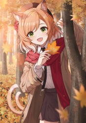 Rule 34 | 1girl, :d, animal ears, arknights, autumn, autumn leaves, black hat, black necktie, black skirt, blush, brown coat, calico, cat ears, cat girl, coat, collared shirt, cowboy shot, fang, green eyes, hat, holding, holding leaf, layered sleeves, leaf, long sleeves, looking at viewer, maple leaf, medium hair, mousse (arknights), mousse (campfire cooking smoke) (arknights), multiple tails, necktie, official alternate costume, open clothes, open coat, open mouth, orange hair, red scarf, scarf, shironekoban, shirt, skirt, smile, solo, tail, tree, two tails, white hair, white shirt