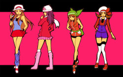 Rule 34 | 00s, 4girls, alternate costume, bad id, bad pixiv id, bandana, bare shoulders, beanie, boots, brown hair, creatures (company), dawn (pokemon), fuki raito, game freak, hat, hat ribbon, holding, holding poke ball, kneehighs, leaf (pokemon), legs, long hair, looking back, lyra (pokemon), may (pokemon), may (pokemon emerald), miniskirt, multiple girls, nintendo, pink footwear, poke ball, poke ball (basic), pokemon, pokemon dppt, pokemon frlg, pokemon hgss, pokemon rse, porkpie hat, purple hair, red ribbon, ribbon, short twintails, skirt, socks, thighhighs, twintails, white thighhighs, winter clothes