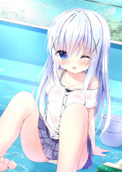 Rule 34 | 1girl, ;o, arm support, barefoot, blue eyes, blue hair, blue skirt, blue sky, blush, breasts, bucket, chain, cleaning brush, clothes between thighs, cloud, collarbone, commentary request, day, dutch angle, empty pool, gochuumon wa usagi desu ka?, hair between eyes, hair ornament, highres, kafuu chino, kouda suzu, long hair, off-shoulder shirt, off shoulder, one eye closed, open mouth, outdoors, panties, pleated skirt, pool, see-through, shirt, short sleeves, sitting, skirt, sky, small breasts, soles, solo, underwear, very long hair, water, wet, wet clothes, wet hair, wet shirt, wet skirt, white panties, white shirt, x hair ornament