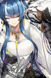 Rule 34 | 1girl, :d, arknights, black gloves, blue hair, braid, breasts, coat, cowgirl position, drive shot, earrings, eyelashes, closed eyes, facing viewer, gloves, gourd, highres, holding, ink, jewelry, large breasts, ling (arknights), long hair, long sleeves, multicolored hair, necktie, open clothes, open coat, open mouth, parted lips, pointy ears, pouch, shirt, sidelocks, smile, solo, straddling, streaked hair, two-tone hair, very long hair, white coat, white hair, white shirt, wide sleeves, yellow necktie
