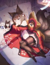 Rule 34 | 1girl, akagi (azur lane), amagi-chan (azur lane), animal ear fluff, animal ears, azur lane, bed, bed sheet, bell, black kimono, blue eyes, blue kimono, blush, branch, breasts, brown hair, brown pantyhose, brown tail, cherry blossoms, chou (1092086648), commentary request, doll, eyebrows, feet, floor, floral print, flower, fox ears, fox tail, frills, full body, hair ornament, hair ribbon, hairpin, hakama, hand to own mouth, holding, holding own hair, indoors, japanese clothes, kaga (azur lane), kimono, kitsune, kyuubi, legs, legs together, light, light rays, long hair, long sleeves, low twintails, lying, medium breasts, multicolored clothes, multicolored kimono, multiple tails, obi, off shoulder, on bed, on side, one eye closed, pantyhose, petals, pillow, print kimono, purple eyes, red hakama, red kimono, ribbon, room, rope, sash, shimenawa, sidelocks, slit pupils, tail, twintails, white hair, white kimono, white tail, wide sleeves, window, wooden floor
