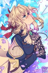 Rule 34 | 1girl, artist name, blonde hair, blue eyes, blue jacket, blue sky, braid, brooch, closed mouth, cloud, cloudy sky, commentary, crying, day, dress, from side, hair between eyes, hair intakes, hair ribbon, highres, jacket, jewelry, long hair, long sleeves, looking up, mechanical, mechanical arms, omoshiroi, puffy long sleeves, puffy sleeves, red ribbon, ribbon, simple background, sky, solo, tears, upper body, violet evergarden, violet evergarden (series), white dress, white neckwear