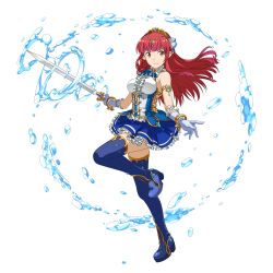 Rule 34 | 1girl, armlet, blue footwear, blue skirt, boots, bracelet, breasts, brown eyes, closed mouth, diadem, floating hair, frilled skirt, frills, full body, gloves, highres, holding, holding sword, holding weapon, hydrokinesis, jewelry, long hair, looking to the side, medium breasts, miniskirt, official art, pleated skirt, pointy ears, rain (sao), red hair, skirt, sleeveless, smile, solo, standing, standing on one leg, sword, sword art online, thigh boots, thighhighs, transparent background, very long hair, water, weapon, white gloves, zettai ryouiki