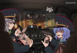 Rule 34 | 5girls, absurdres, alternate costume, artist name, blonde hair, blue dress, blue eyes, blue hair, box, braid, car interior, cirno, closed eyes, closed mouth, commentary, daiyousei, dress, duhota, unworn eyewear, fairy wings, fangs, fumo (doll), graffiti, green hair, grey hair, gun, handgun, hat, highres, holding, holding box, holding gun, holding knife, holding weapon, ice, ice wings, izayoi sakuya, kitchen knife, knife, light purple hair, long sleeves, looking at another, medium hair, multiple girls, open mouth, peaked cap, photo (object), police, police badge, police uniform, policewoman, purple hair, rear-view mirror, reflection, remilia scarlet, rumia, russia, russian text, short hair, sitting, smile, standing, stopwatch, sunglasses, textless version, touhou, translation request, uniform, vampire, watch, weapon, weapon request, wings