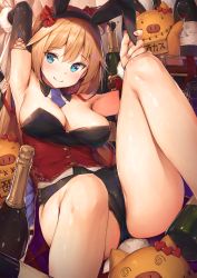 Rule 34 | 1girl, @ @, absurdres, akai haato, animal ears, arm up, armpits, ass, bare shoulders, black leotard, blonde hair, blue eyes, bottle, breasts, rabbit ears, cameltoe, cleavage, detached collar, detached sleeves, fake animal ears, fur trim, haaton (akai haato), hairband, highres, holding, hololive, knee up, large breasts, leotard, long hair, long sleeves, looking at viewer, one side up, pig, playboy bunny, sitting, smile, solo, sweat, sy4, thighs, underbust, virtual youtuber, wine bottle