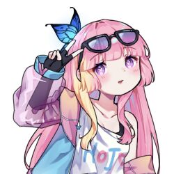 Rule 34 | black gloves, blue butterfly, bug, butterfly, butterfly in eye, eyewear on head, fingerless gloves, glasses, gloves, highres, hime cut, hojo studio, insect, jacket, light blush, long hair, lunaby, multicolored hair, open mouth, purple eyes, rie ccat, third-party source, v, virtual youtuber