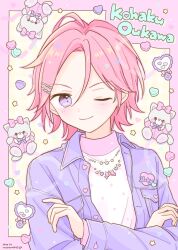 Rule 34 | 1boy, blush, character name, closed mouth, crossed arms, ensemble stars!, hairpin, heart, highres, jacket, jewelry, long sleeves, male focus, manamoko (fancy surprise!), multiple hairpins, necklace, one eye closed, oukawa kohaku, pink background, pink hair, purple eyes, purple jacket, shirt, short hair, smile, solo, star (symbol), stuffed animal, stuffed cat, stuffed toy, white shirt, yellow background