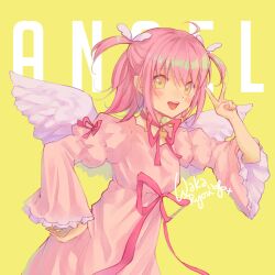 Rule 34 | 1girl, amulet angel, angel, angel wings, blush, dress, feathered wings, half updo, hinamori amu, humpty lock (shugo chara!), jewelry, long sleeves, necklace, open mouth, pink dress, pink hair, pink ribbon, ribbon, short twintails, shugo chara!, signature, smile, solo, twintails, v, waka ryou, wings, yellow eyes
