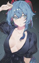 Rule 34 | 1girl, black dress, blue eyes, blue hair, breasts, cleavage, collarbone, dress, ganyu (genshin impact), genshin impact, grey background, hand up, highres, horns, jewelry, long hair, looking at viewer, necklace, parted lips, plunging neckline, puffy short sleeves, puffy sleeves, ring, ring necklace, ryein, short sleeves, small breasts, solo, upper body